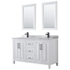 Daria 60 Inch Double Bathroom Vanity In White, White Carrara Marble Countertop, Undermount Square Sinks, Matte Black Trim, 24 Inch Mirrors