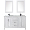 Daria 60 Inch Double Bathroom Vanity In White, White Carrara Marble Countertop, Undermount Square Sinks, Matte Black Trim, 24 Inch Mirrors