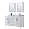 Daria 60 Inch Double Bathroom Vanity In White, White Carrara Marble Countertop, Undermount Square Sinks, Matte Black Trim, Medicine Cabinets