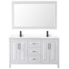 Daria 60 Inch Double Bathroom Vanity In White, White Cultured Marble Countertop, Undermount Square Sinks, Matte Black Trim, 58 Inch Mirror