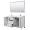 Daria 60 Inch Double Bathroom Vanity In White, Carrara Cultured Marble Countertop, Undermount Square Sinks, 58 Inch Mirror, Brushed Gold Trim