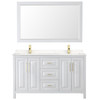 Daria 60 Inch Double Bathroom Vanity In White, Carrara Cultured Marble Countertop, Undermount Square Sinks, 58 Inch Mirror, Brushed Gold Trim