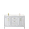 Daria 60 Inch Double Bathroom Vanity In White, Carrara Cultured Marble Countertop, Undermount Square Sinks, Brushed Gold Trim