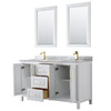 Daria 60 Inch Double Bathroom Vanity In White, White Carrara Marble Countertop, Undermount Square Sinks, 24 Inch Mirrors, Brushed Gold Trim