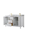 Daria 60 Inch Double Bathroom Vanity In White, White Carrara Marble Countertop, Undermount Square Sinks, Brushed Gold Trim