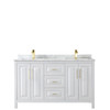 Daria 60 Inch Double Bathroom Vanity In White, White Carrara Marble Countertop, Undermount Square Sinks, Brushed Gold Trim