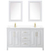 Daria 60 Inch Double Bathroom Vanity In White, White Cultured Marble Countertop, Undermount Square Sinks, 24 Inch Mirrors, Brushed Gold Trim