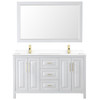 Daria 60 Inch Double Bathroom Vanity In White, White Cultured Marble Countertop, Undermount Square Sinks, 58 Inch Mirror, Brushed Gold Trim