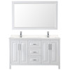 Daria 60 Inch Double Bathroom Vanity In White, Carrara Cultured Marble Countertop, Undermount Square Sinks, 58 Inch Mirror