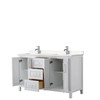 Daria 60 Inch Double Bathroom Vanity In White, Carrara Cultured Marble Countertop, Undermount Square Sinks, No Mirror
