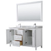 Daria 60 Inch Double Bathroom Vanity In White, White Carrara Marble Countertop, Undermount Square Sinks, And 58 Inch Mirror
