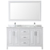 Daria 60 Inch Double Bathroom Vanity In White, White Carrara Marble Countertop, Undermount Square Sinks, And 58 Inch Mirror