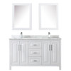 Daria 60 Inch Double Bathroom Vanity In White, White Carrara Marble Countertop, Undermount Square Sinks, And Medicine Cabinets