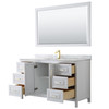 Daria 60 Inch Single Bathroom Vanity In White, White Carrara Marble Countertop, Undermount Square Sink, 58 Inch Mirror, Brushed Gold Trim