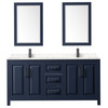 Daria 72 Inch Double Bathroom Vanity In Dark Blue, Carrara Cultured Marble Countertop, Undermount Square Sinks, Matte Black Trim, 24 Inch Mirrors