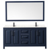 Daria 72 Inch Double Bathroom Vanity In Dark Blue, Carrara Cultured Marble Countertop, Undermount Square Sinks, Matte Black Trim, 70 Inch Mirror