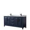 Daria 72 Inch Double Bathroom Vanity In Dark Blue, White Carrara Marble Countertop, Undermount Square Sinks, Matte Black Trim