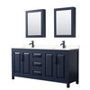 Daria 72 Inch Double Bathroom Vanity In Dark Blue, White Cultured Marble Countertop, Undermount Square Sinks, Matte Black Trim, Medicine Cabinets