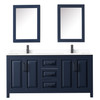 Daria 72 Inch Double Bathroom Vanity In Dark Blue, White Cultured Marble Countertop, Undermount Square Sinks, Matte Black Trim, Medicine Cabinets