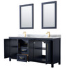 Daria 72 Inch Double Bathroom Vanity In Dark Blue, White Carrara Marble Countertop, Undermount Square Sinks, 24 Inch Mirrors