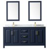 Daria 72 Inch Double Bathroom Vanity In Dark Blue, White Carrara Marble Countertop, Undermount Square Sinks, 24 Inch Mirrors