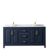 Daria 72 Inch Double Bathroom Vanity In Dark Blue, White Carrara Marble Countertop, Undermount Square Sinks, No Mirror