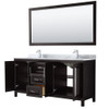 Daria 72 Inch Double Bathroom Vanity In Dark Espresso, White Carrara Marble Countertop, Undermount Square Sinks, And 70 Inch Mirror