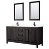 Daria 72 Inch Double Bathroom Vanity In Dark Espresso, Carrara Cultured Marble Countertop, Undermount Square Sinks, Matte Black Trim, 24 Inch Mirrors