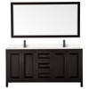 Daria 72 Inch Double Bathroom Vanity In Dark Espresso, Carrara Cultured Marble Countertop, Undermount Square Sinks, Matte Black Trim, 70 Inch Mirror