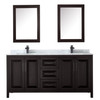 Daria 72 Inch Double Bathroom Vanity In Dark Espresso, White Carrara Marble Countertop, Undermount Square Sinks, Matte Black Trim, Medicine Cabinets