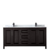 Daria 72 Inch Double Bathroom Vanity In Dark Espresso, White Carrara Marble Countertop, Undermount Square Sinks, Matte Black Trim