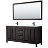 Daria 72 Inch Double Bathroom Vanity In Dark Espresso, White Cultured Marble Countertop, Undermount Square Sinks, Matte Black Trim, 70 Inch Mirror