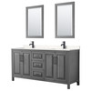 Daria 72 Inch Double Bathroom Vanity In Dark Gray, Carrara Cultured Marble Countertop, Undermount Square Sinks, Matte Black Trim, 24 Inch Mirrors