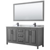 Daria 72 Inch Double Bathroom Vanity In Dark Gray, White Carrara Marble Countertop, Undermount Square Sinks, Matte Black Trim, 70 Inch Mirror