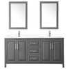 Daria 72 Inch Double Bathroom Vanity In Dark Gray, White Cultured Marble Countertop, Undermount Square Sinks, 24 Inch Mirrors