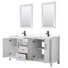 Daria 72 Inch Double Bathroom Vanity In White, Carrara Cultured Marble Countertop, Undermount Square Sinks, Matte Black Trim, 24 Inch Mirrors