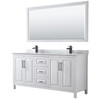 Daria 72 Inch Double Bathroom Vanity In White, White Carrara Marble Countertop, Undermount Square Sinks, Matte Black Trim, 70 Inch Mirror