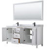 Daria 72 Inch Double Bathroom Vanity In White, White Carrara Marble Countertop, Undermount Square Sinks, Matte Black Trim, 70 Inch Mirror