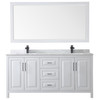Daria 72 Inch Double Bathroom Vanity In White, White Carrara Marble Countertop, Undermount Square Sinks, Matte Black Trim, 70 Inch Mirror