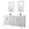 Daria 72 Inch Double Bathroom Vanity In White, White Cultured Marble Countertop, Undermount Square Sinks, Matte Black Trim, 24 Inch Mirrors