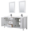 Daria 72 Inch Double Bathroom Vanity In White, White Cultured Marble Countertop, Undermount Square Sinks, Matte Black Trim, 24 Inch Mirrors