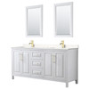 Daria 72 Inch Double Bathroom Vanity In White, Carrara Cultured Marble Countertop, Undermount Square Sinks, 24 Inch Mirrors, Brushed Gold Trim