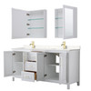 Daria 72 Inch Double Bathroom Vanity In White, Carrara Cultured Marble Countertop, Undermount Square Sinks, Medicine Cabinets, Brushed Gold Trim