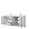 Daria 72 Inch Double Bathroom Vanity In White, Carrara Cultured Marble Countertop, Undermount Square Sinks, Brushed Gold Trim