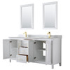 Daria 72 Inch Double Bathroom Vanity In White, White Carrara Marble Countertop, Undermount Square Sinks, 24 Inch Mirrors, Brushed Gold Trim