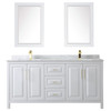 Daria 72 Inch Double Bathroom Vanity In White, White Carrara Marble Countertop, Undermount Square Sinks, 24 Inch Mirrors, Brushed Gold Trim