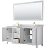 Daria 72 Inch Double Bathroom Vanity In White, White Carrara Marble Countertop, Undermount Square Sinks, 70 Inch Mirror, Brushed Gold Trim