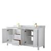 Daria 72 Inch Double Bathroom Vanity In White, White Carrara Marble Countertop, Undermount Square Sinks, Brushed Gold Trim