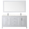 Daria 72 Inch Double Bathroom Vanity In White, Carrara Cultured Marble Countertop, Undermount Square Sinks, 70 Inch Mirror
