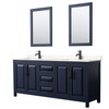 Daria 80 Inch Double Bathroom Vanity In Dark Blue, Carrara Cultured Marble Countertop, Undermount Square Sinks, Matte Black Trim, 24 Inch Mirrors